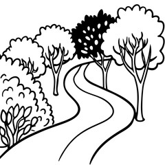 Curving Path Through Trees and Bushes – Linear Perspective Line Art
