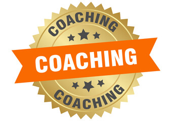 coaching. coaching round orange and gold label isolated on transparent background
