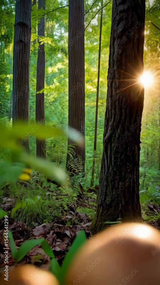 Poster mushroom cluster on a mossy log in a sunlit forest, with soft light filtering through the trees in t