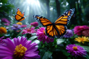 Obraz premium Butterflies fluttering among vibrant flowers in a sunlit forest clearing