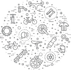 Content creation and writing-themed doodle icon set arranged in a circular layout. Includes elements like typewriters, paper, pens, chat bubbles, tablets, keyboards, quill pens, light bulbs, megaphone