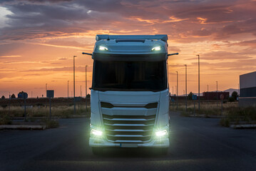 Truck driving front view with headlights on and a dramatic sky in the background.