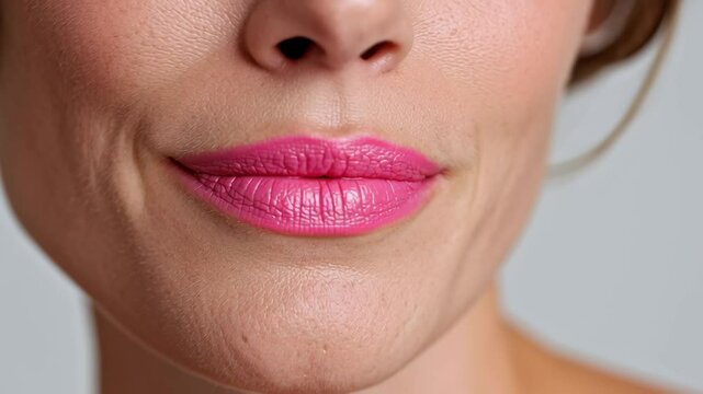 Close-up portrait of a woman showcasing vibrant pink lipstick on full lips, highlighting smooth skin texture and natural beauty, with soft lighting enhancing facial features and overall aesthetic appe