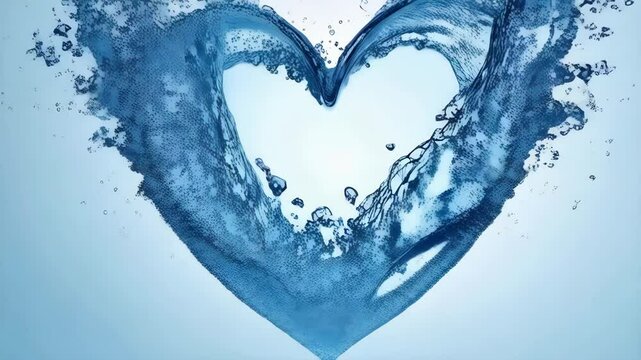 Water heart shape with splashes against a pale blue background expressing love and wellness with cool liquid flow.