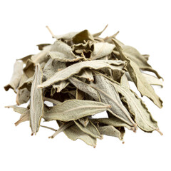 Pile of dried sage leaves for culinary use, presented naturally on transparent background