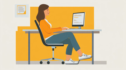 Woman sitting comfortably at a desk, working on a computer with a yellow background.
