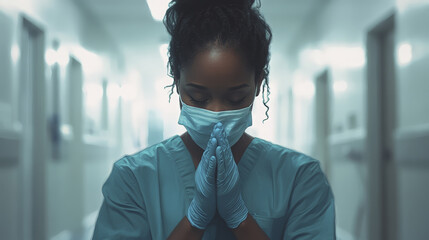 An African American nurse in scrubs is praying in a hospital hallway, eyes closed