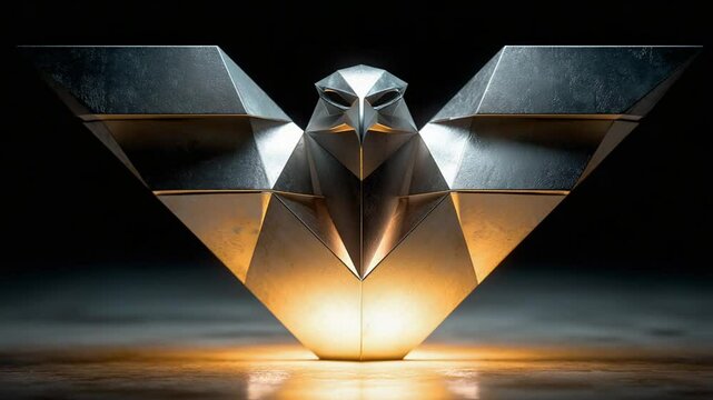 Abstract Silver Eagle Sculpture with Geometric Design and Dramatic Lighting Effects
