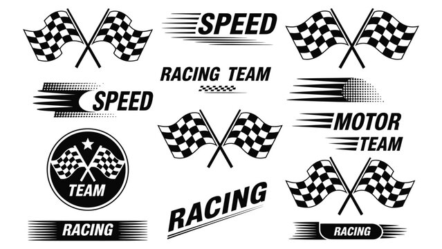 racing team logos and speed icons collection with checkered flags, motor emblems, fast symbols, and dynamic black and white graphics