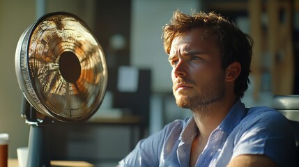 Man sweating in front of fan during hot weather
