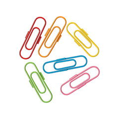 Colorful assorted paper clips arranged in a circular pattern on white background showcasing vibrant stationery organization concept