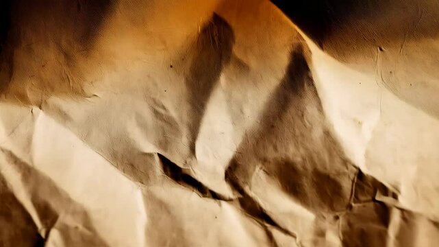 Close up on heavily creased and aged brown paper showing worn textures and shadows, conveying a sense of history and vintage feel