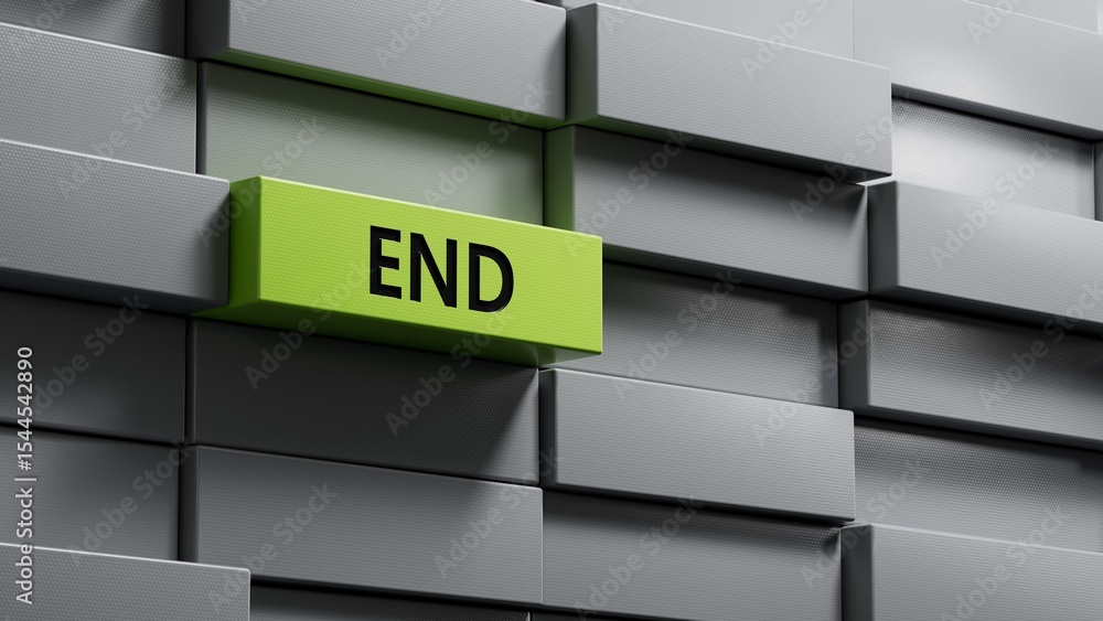 Poster end.metal blocks spelling.flat lay view from above on metal blocks buttons.it technology concept.3d 
