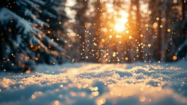 Winter Serenity: A snow-covered forest sparkles in the soft glow of the setting sun, as gentle snowflakes dance through the air. A peaceful moment of winter beauty.