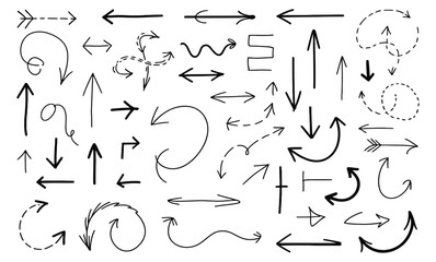 hand-drawn arrow elements set featuring diverse styles and directions for creative design, navigation, infographic and artistic use