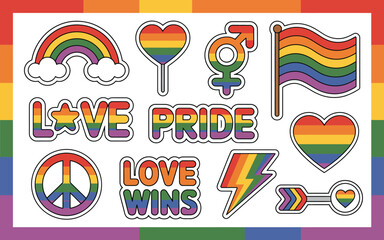 colorful lgbtq+ pride stickers set on rainbow background with heart, flag, gender symbols, peace sign, love wins, and pride text