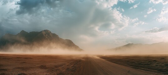 Fototapeta premium Vast panoramic desert landscape with distant mountains and a straight road leading to the horizon, featuring dust clouds, dry terrain, and atmospheric particles under a muted, cinematic tone