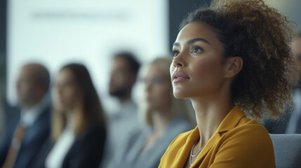Beautiful curly haired woman looks forward with focus during a presentation in business meeting