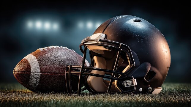 Football helmet and ball placed on artificial turf under dramatic lighting