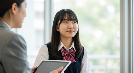 High School Student Interview with Teacher Holding Tablet in Classroom