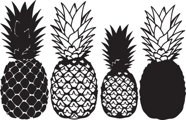 Obraz premium Four Pineapple Silhouettes Displaying Diverse Styles An Array of Pineapple Variations in Black and White Graphics