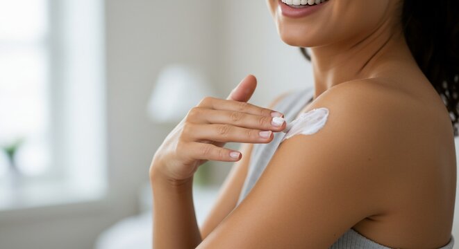 Woman applying moisturizer to her shoulder in a skincare routine