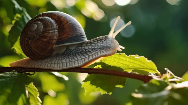 Detailed image of a snail crawling on a branch with vibrant green leaves illuminated by sunlight, showing textured shell and antennae.