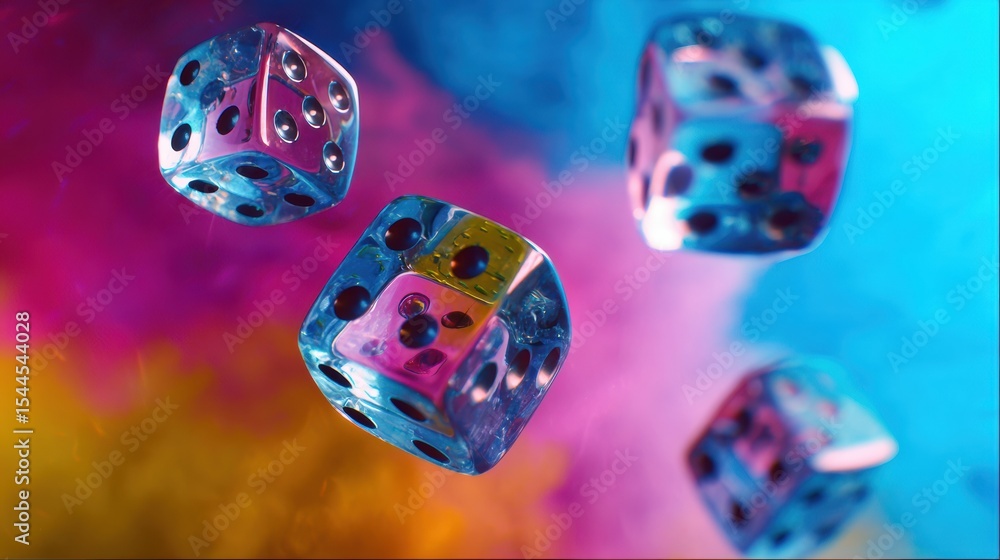 Poster frozen dice captured mid-roll in vibrant slow motion against a colorful background