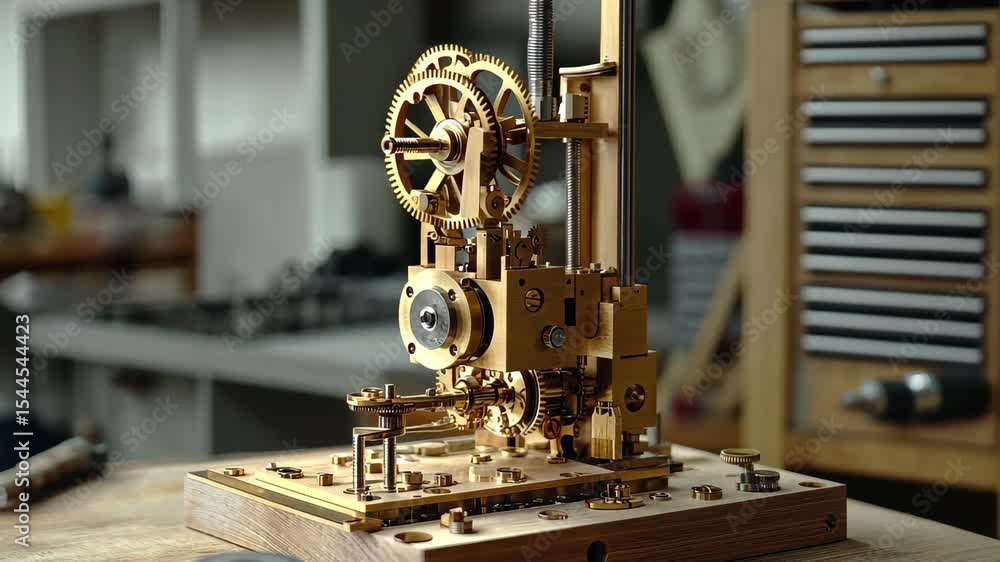 Poster time lapse showing the intricate mechanism of an antique brass model in a workshop setting, time lap