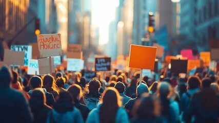 Protest Crowd with Signs: A large, diverse crowd marches forward, each person holding signs with messages, representing unity and advocacy in a bustling city street during the day.