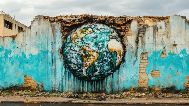 Earth artwork on the crumbling wall represents global challenges and decay