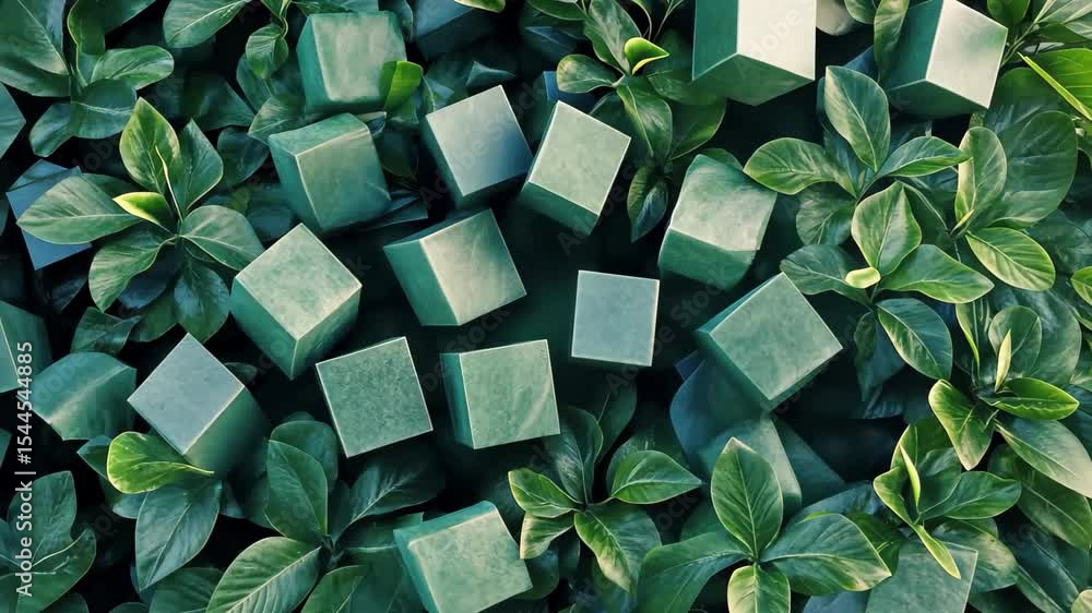 Poster green cubes scatter rapidly across lush foliage creating vibrant abstract motion graphics, green cub