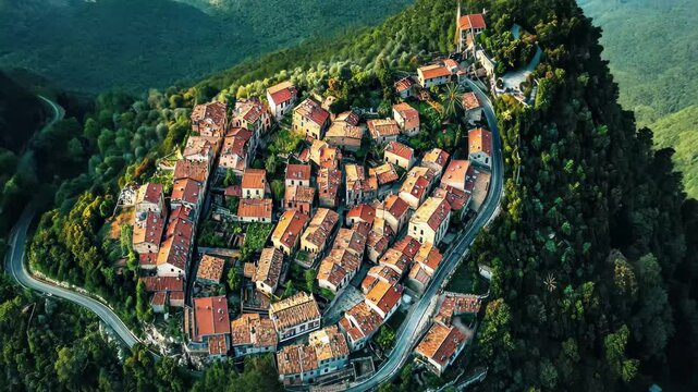Aerial view of Bajardo showcasing charming architecture nestled in the lush landscape of Imperia Province, Aerial view of Bajardo in the Province of Imperia, Liguria, Italy