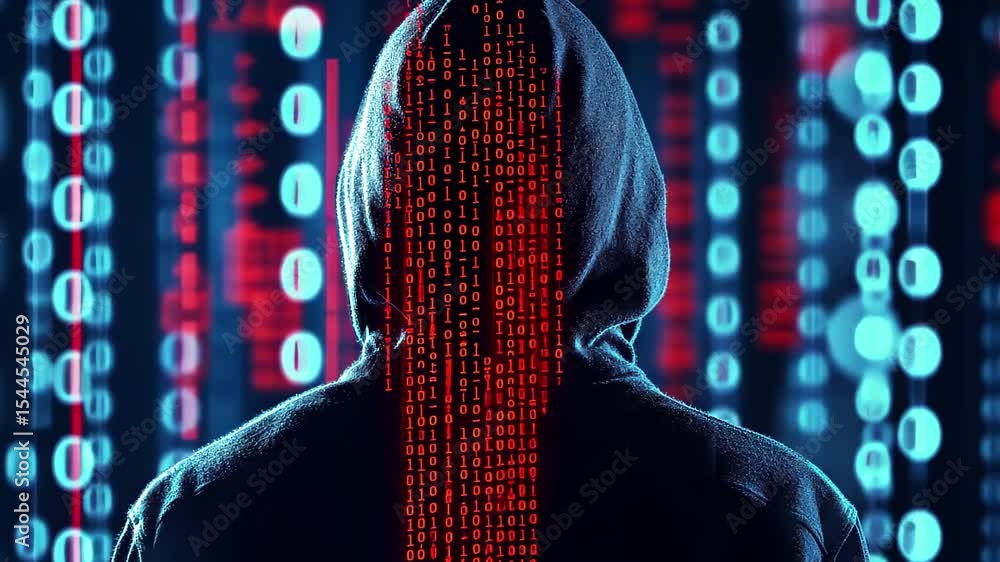 Poster man wearing hoodie surrounded by binary code in a dark environment, man in hoodies jackets stand wit