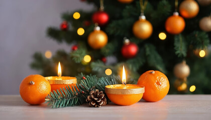 Lit orange candles, tangerines with carnations, pine branches and pine cones on a wooden table with a Christmas tree background. AI generated.