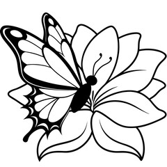 Butterfly on Flower Petal – Detailed Wing and Petal Contour Line Art