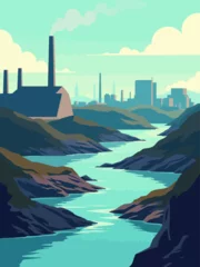 Fototapeten polluted water by industrial production, dead and dirty river in factory area illustration, Water pollution with industry waste in river © Dom