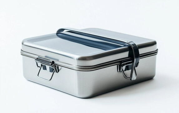 Close-up shot of a stainless steel lunch box with a sleek design perfect for work or school. Generative AI.
