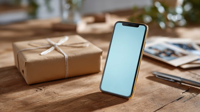 Smartphone next to wrapped gift on desk for Father's Day