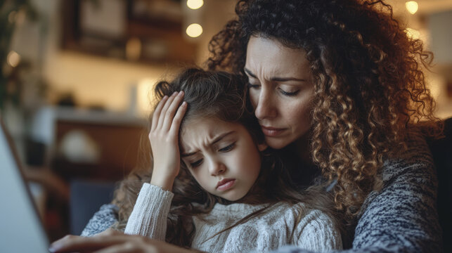 Curly haired mother consoling sad daughter with hand on head near laptop