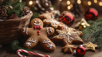 Decorated gingerbread man smiles amidst star cookies, pinecones, and ornaments on a rustic wooden table