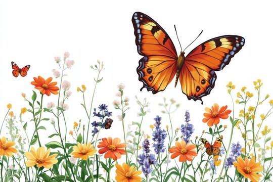 Orange Monarch butterfly flitting over a wildflower meadow under bright sunny on white background. Generative Ai