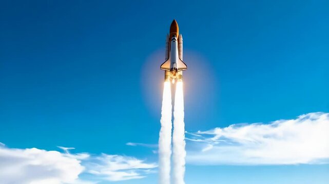 Majestic rocket launch soaring through the sky, climbing above fluffy clouds with bright flame and intense power during mission