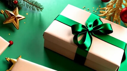 Elegant gift boxes with green satin ribbons and Christmas ornaments on a vibrant green surface, celebrating the holiday season. - Powered by Adobe