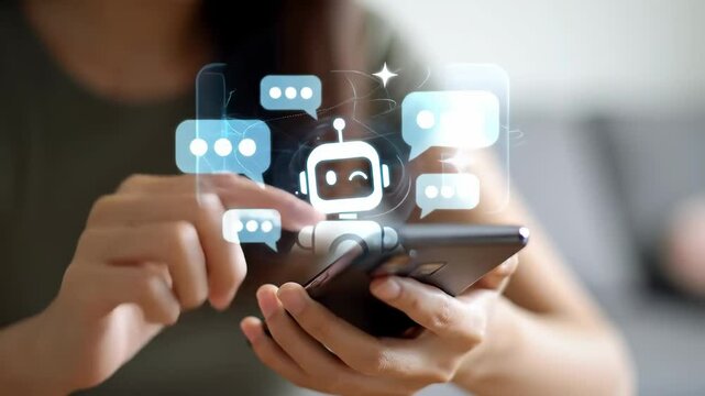 Hands interact with smartphone as animated chat bubbles and AI icons float above, simulating real-time messaging