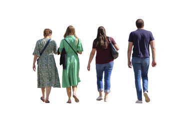 Obraz premium Groupe de quatre personnes vues de dos trois femmes et un homme marchant ensemble en plein jour en été