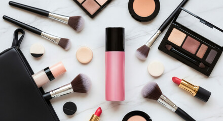 Elegant flat lay of essential beauty cosmetics and professional makeup tools, perfect for fashion, glamour, and personal care concepts.