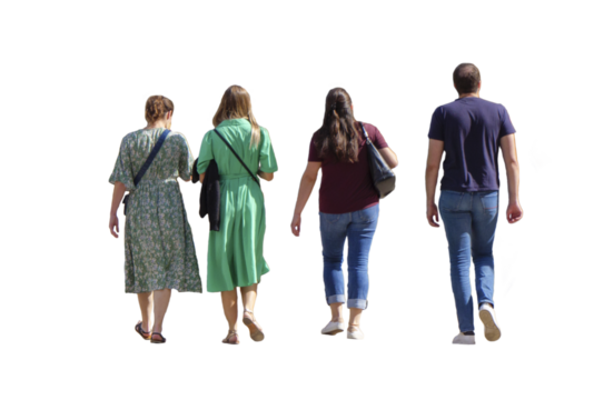 Vue de dos de quatre amis, trois femmes en robe d’été et pantalon et un homme en tenue décontractée, marchant ensemble en plein jour au printemps ou en été