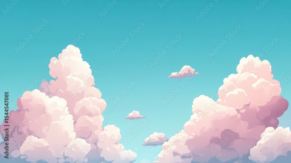 Poster a serene sky with fluffy pink clouds on either side and smaller clouds floating in the distance