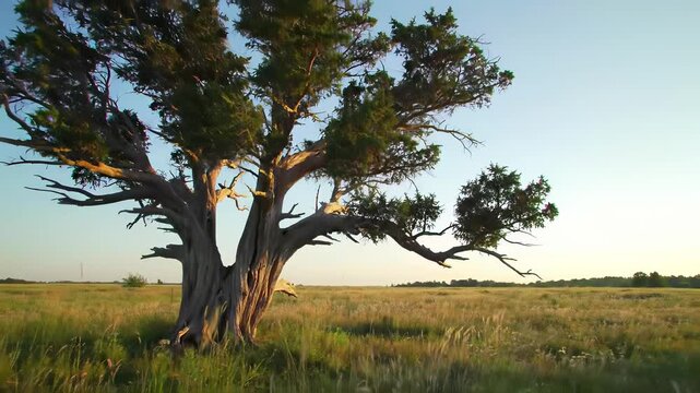 Majestic Juniper Tree in Golden Prairie Landscape
